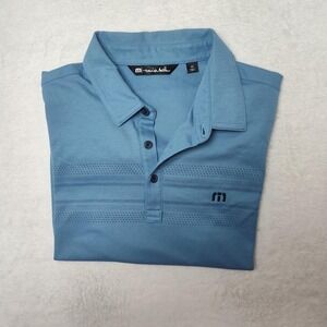 TravisMathew Polo Shirt Mens Medium Blue Striped Golf Performance Scrambler